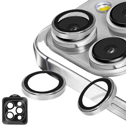 Camera Lens Protector-Silver|Individual Titanium Ring Protector|Shatterproof And Scratch Resistant|Crystal Clear Glass Lens With Precise Fit|For iPhone 15 Pro Max/Pro